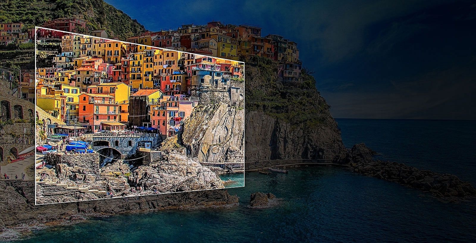 Фотоколаж про OLED з жовтими будинками